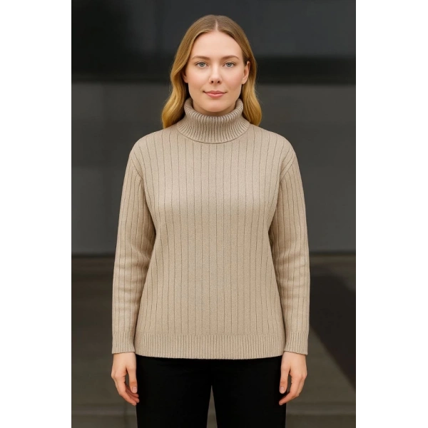 Balıkcı Yaka Bağazlı Triko Kazak Pamuklu Kalın Fitilli Dokuma - Bej