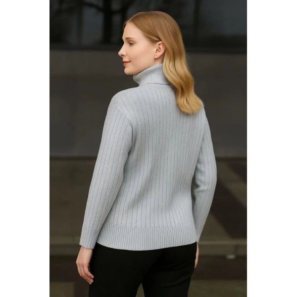 Balıkcı Yaka Bağazlı Triko Kazak Pamuklu Kalın Fitilli Dokuma - Gri