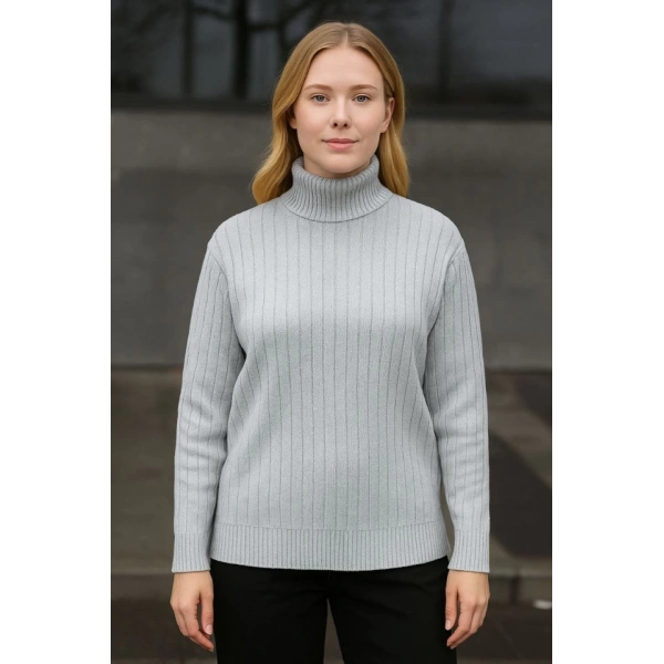 Balıkcı Yaka Bağazlı Triko Kazak Pamuklu Kalın Fitilli Dokuma - Gri