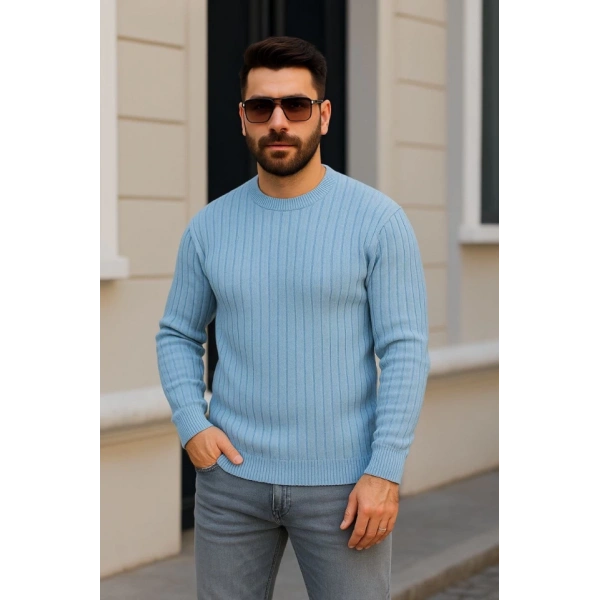 Erkek Bisiklet Yuvarlak Yaka Triko Kazak Pamuklu Kalın Fitilli Dokuma, Regular Fit Uzun Kollu Kışlık Model - Bebe Mavisi
