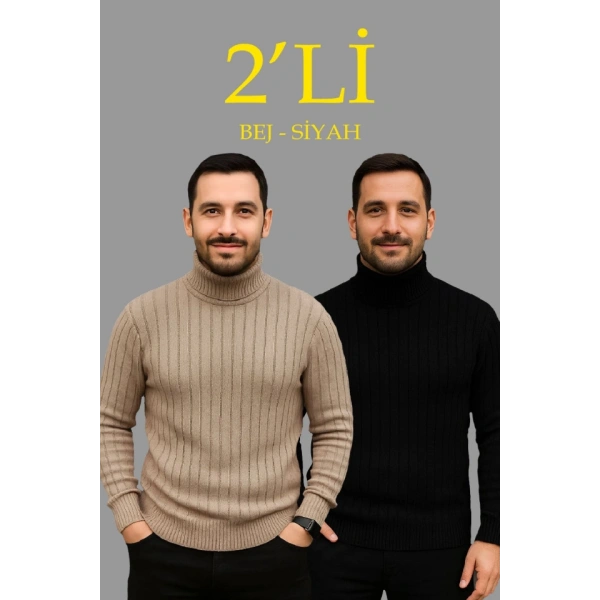 Erkek Fitilli Triko Kazak 2li Set Bej Siyah Regular Balıkcı Yaka Tam Boğazlı Triko Seti Modeli Kazak