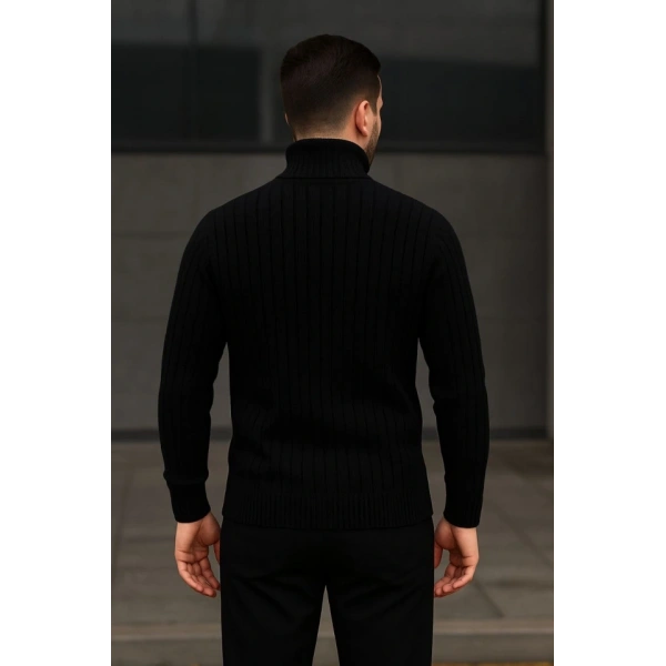 Erkek Fitilli Triko Kazak 2li Set Beyaz Siyah Regular Balıkcı Yaka Tam Boğazlı Triko Seti Modeli Kazak