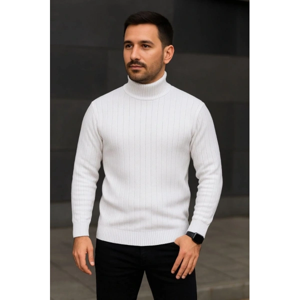 Erkek Fitilli Triko Kazak 2li Set Beyaz Siyah Regular Balıkcı Yaka Tam Boğazlı Triko Seti Modeli Kazak