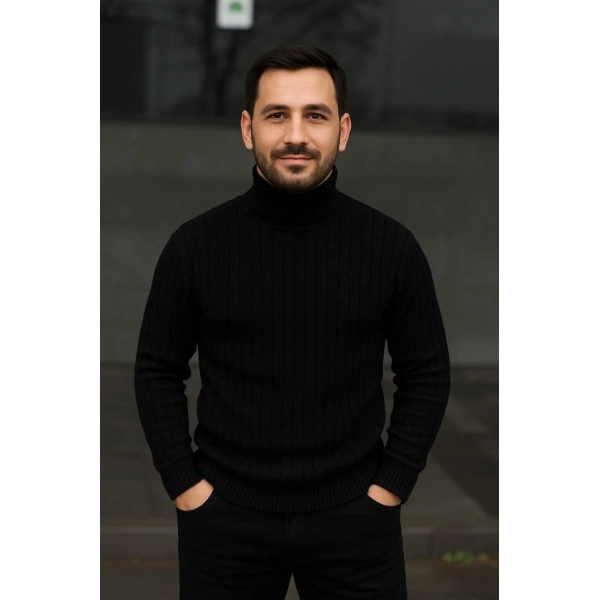 Erkek Fitilli Triko Kazak 2li Set Beyaz Siyah Regular Balıkcı Yaka Tam Boğazlı Triko Seti Modeli Kazak