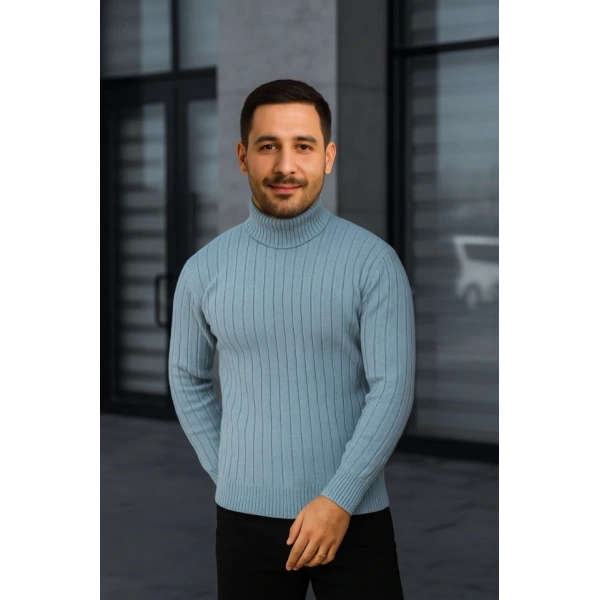 Erkek Fitilli Triko Kazak 3lÜ Set Bebek Mavisi Bej Siyah Regular Balıkcı Yaka Tam Boğazlı Triko Seti Modeli Kazak