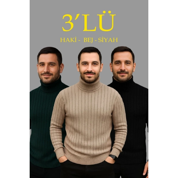 Erkek Fitilli Triko Kazak 3lÜ Set Bej Haki Siyah Regular Balıkcı Yaka Tam Boğazlı Triko Seti Modeli Kazak