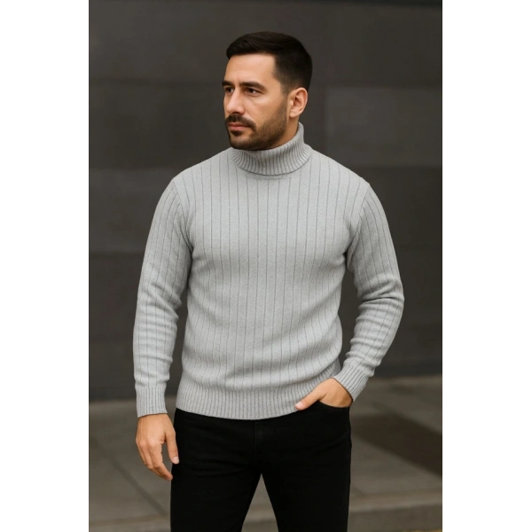 Erkek Fitilli Triko Kazak 3lÜ Set Gri Haki Siyah Regular Balıkcı Yaka Tam Boğazlı Triko Seti Modeli Kazak