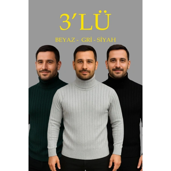 Erkek Fitilli Triko Kazak 3lÜ Set Gri Haki Siyah Regular Balıkcı Yaka Tam Boğazlı Triko Seti Modeli Kazak