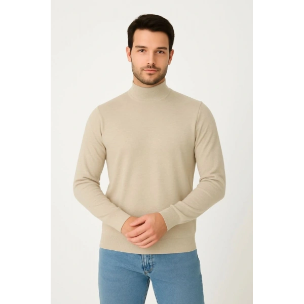 Erkek Yarım Boğaz Triko Kazak Yumuşak Dokulu Pamuklu Ince Dokuma, Uzun Kollu Rahat Regular Kalıp - Bej