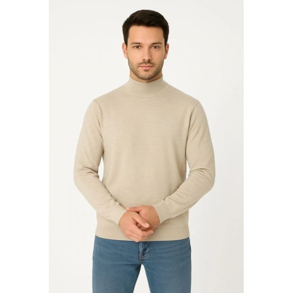 Erkek Yarım Boğaz Triko Kazak Yumuşak Dokulu Pamuklu Ince Dokuma, Uzun Kollu Rahat Regular Kalıp - Bej