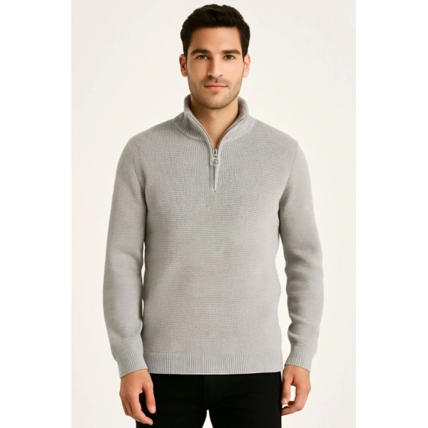 Erkek Yarım Fermuarlı Triko Kazak – Selanik Örgü, Dik Yaka, Pamuklu Dokuma, Regular Fit Uzun Kollu Kışlık Model - Gri