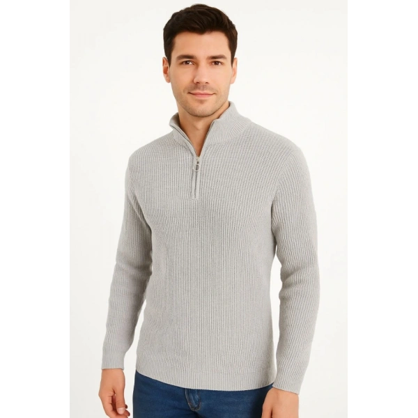 Erkek Yarım Fermuarlı Triko Kazak – Selanik Örgü, Dik Yaka, Pamuklu Dokuma, Regular Fit Uzun Kollu Kışlık Model - Gri