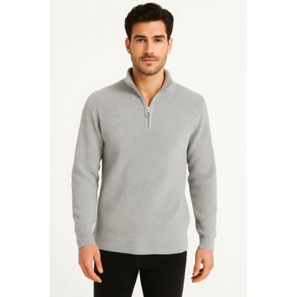 Erkek Yarım Fermuarlı Triko Kazak – Selanik Örgü, Dik Yaka, Pamuklu Dokuma, Regular Fit Uzun Kollu Kışlık Model - Gri