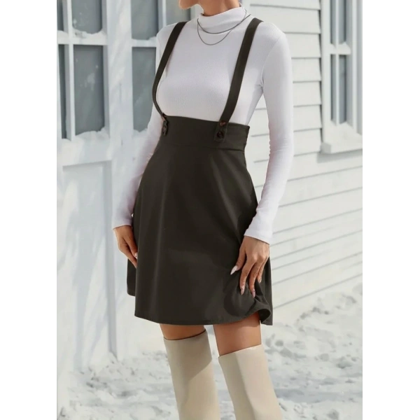 Kadın Askılı Düğmeli Mini Süet Elbise