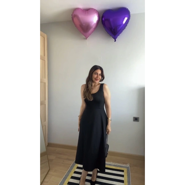 Kadın Askılı Kare Yaka Yırtmaçlı Midi Janjan Krep Elbise