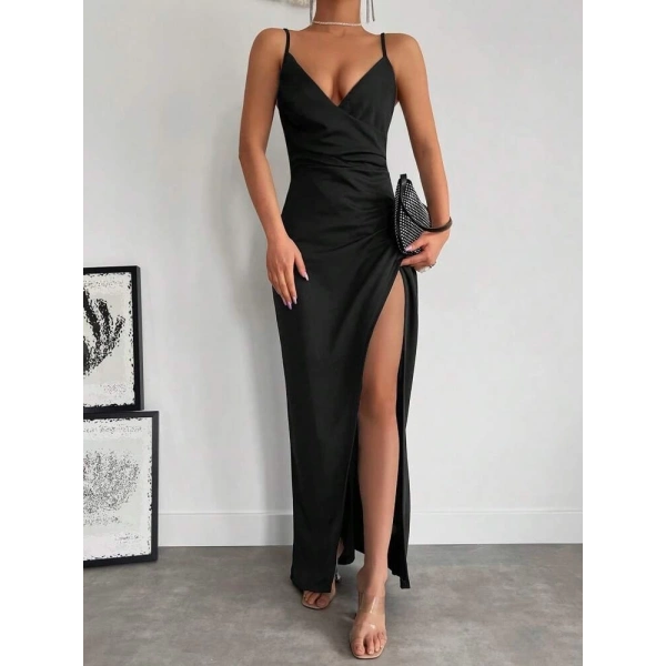 Kadın Askılı Kruvaze Yaka Derin Yırtmaçlı Krep Elbise