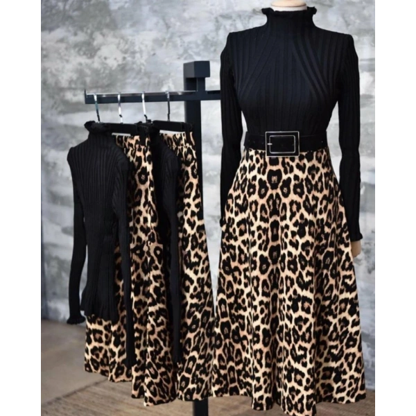 Kadın Beli Lastikli Leopar Desenli Krep Kumaş Efsane Etek Kemersiz