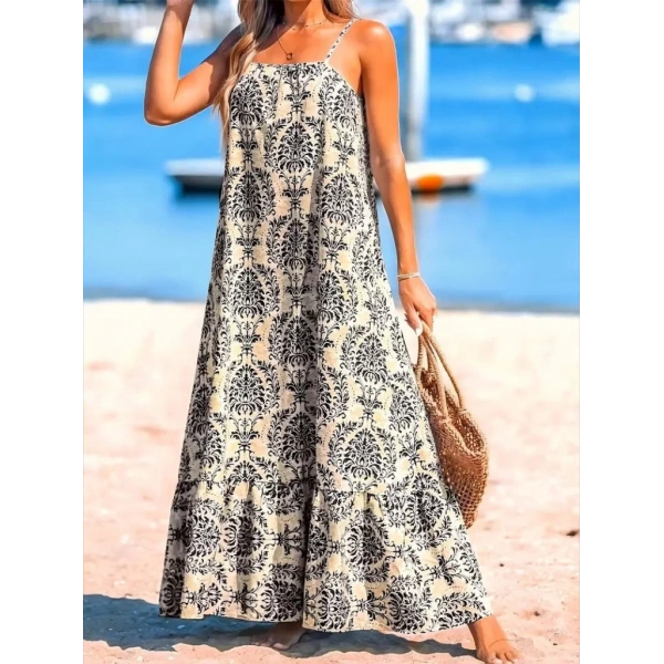 Kadın Ip Askılı Desenli Fırfırlı Süprem Elbise