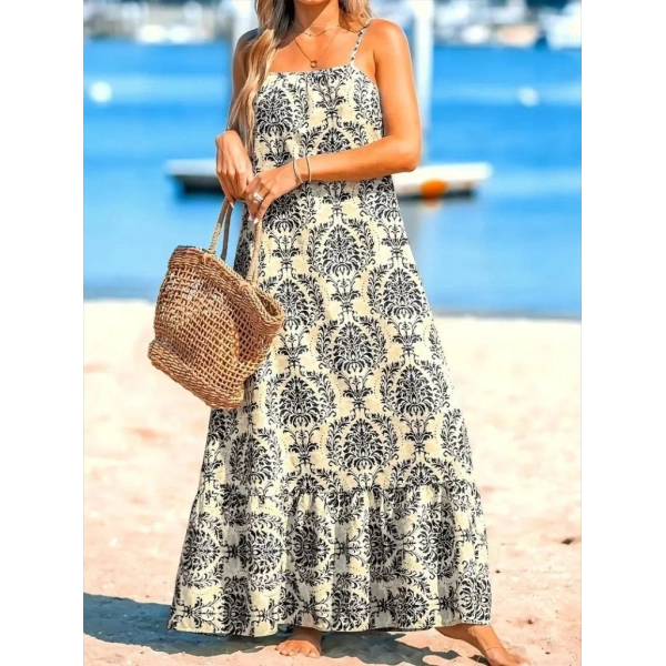 Kadın Ip Askılı Desenli Fırfırlı Süprem Elbise