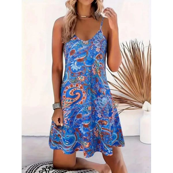 Kadın Ip Askılı V Yakalı Desenli Kısa Süprem Mini Elbise