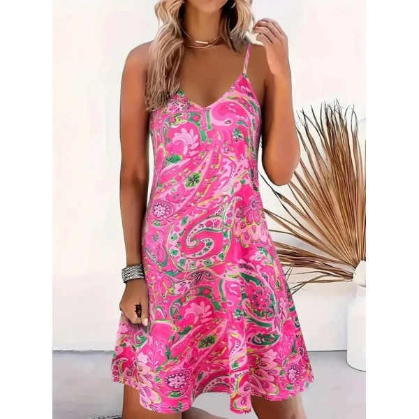 Kadın Ip Askılı V Yakalı Desenli Kısa Süprem Mini Elbise