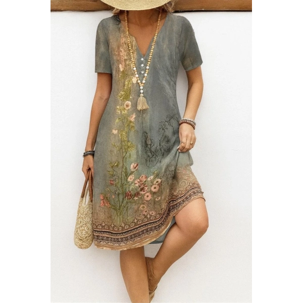 Kadın Kısa Kollu V Yakalı Desenli Süprem Elbise