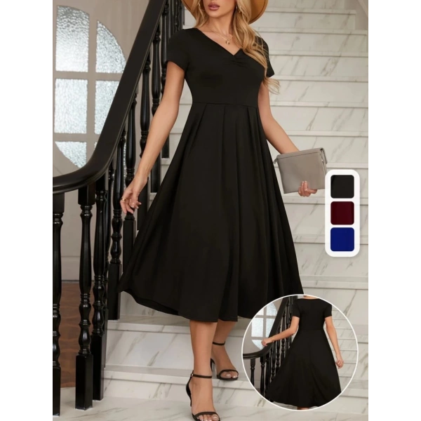 Kadın Kısa Kollu V Yakalı önden Pileli Midi Janjan Krep Elbise