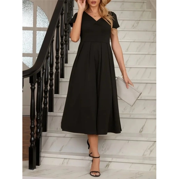 Kadın Kısa Kollu V Yakalı önden Pileli Midi Janjan Krep Elbise