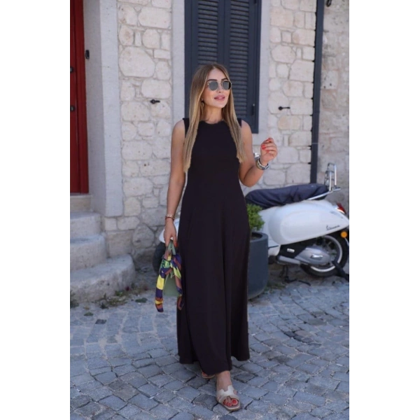 Kadın Sıfır Kollu Bisiklet Yaka Viskon Elbise