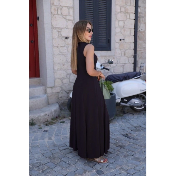 Kadın Sıfır Kollu Bisiklet Yaka Viskon Elbise