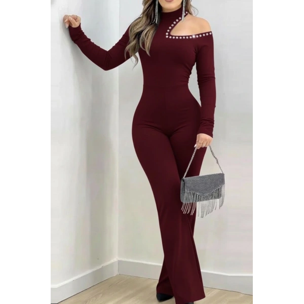 Kadın Tek Omuzdan Açık Balıkçı Yaka Taş Detaylı Uzun Ithal Krep Tulum