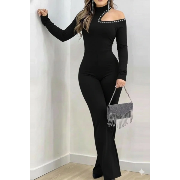 Kadın Tek Omuzdan Açık Balıkçı Yaka Taş Detaylı Uzun Ithal Krep Tulum