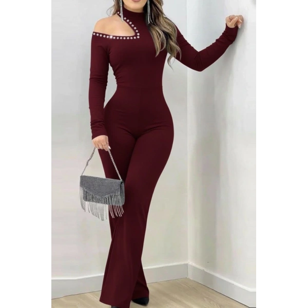 Kadın Tek Omuzdan Açık Balıkçı Yaka Taş Detaylı Uzun Ithal Krep Tulum