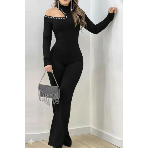 Kadın Tek Omuzdan Açık Balıkçı Yaka Taş Detaylı Uzun Ithal Krep Tulum