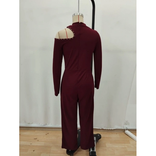 Kadın Tek Omuzdan Açık Balıkçı Yaka Taş Detaylı Uzun Ithal Krep Tulum