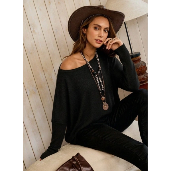 Kadın Tek Omuzdan Açık Yarasa Kollu Waffle Bluz