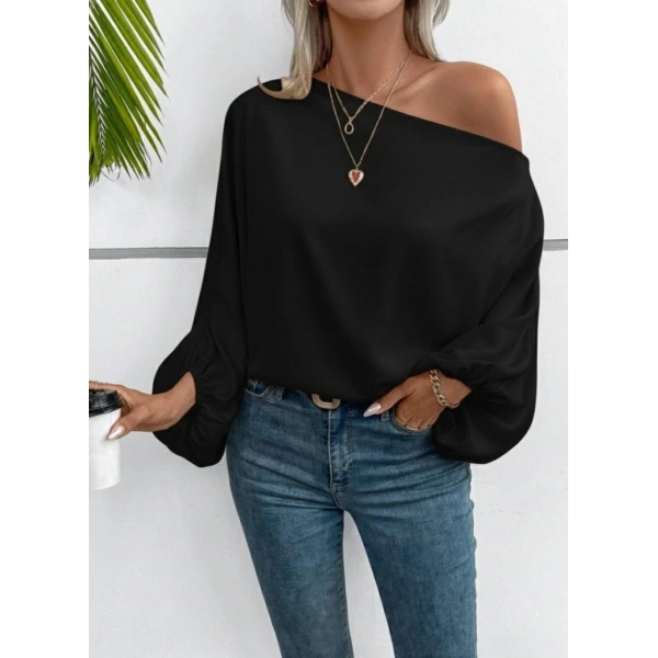 Kadın Tek Omuzu Açık Uzun Kollu Salaş Sandy Bluz