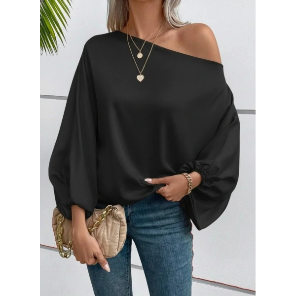 Kadın Tek Omuzu Açık Uzun Kollu Salaş Sandy Bluz