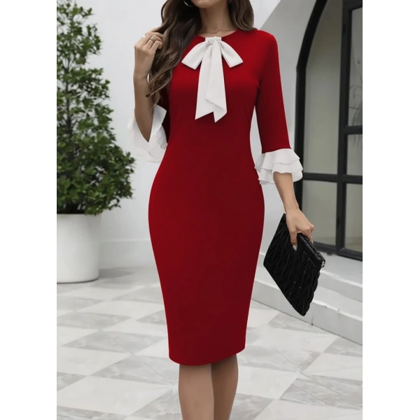 Kadın Truvakar Kollu Fiyonk Yakalı Midi Ithal Krep Elbise