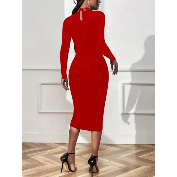 Kadın Uzun Kollu Balıkçı Yaka Taşlı Damla Detay Midi Ithal Krep Elbise