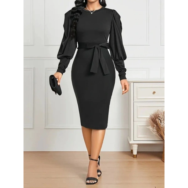 Kadın Uzun Kollu Bisiklet Yaka Beli Kuşaklı Ithal Krep Midi Elbise