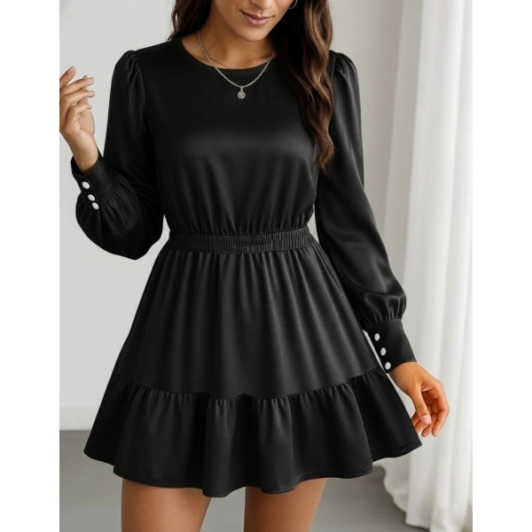 Kadın Uzun Kollu Bisiklet Yaka Beli Lastikli Fırfırlı Ithal Krep Elbise