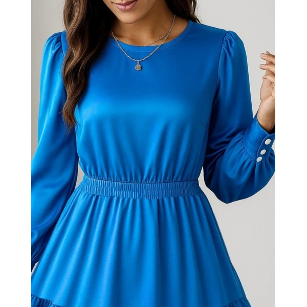 Kadın Uzun Kollu Bisiklet Yaka Beli Lastikli Fırfırlı Ithal Krep Elbise