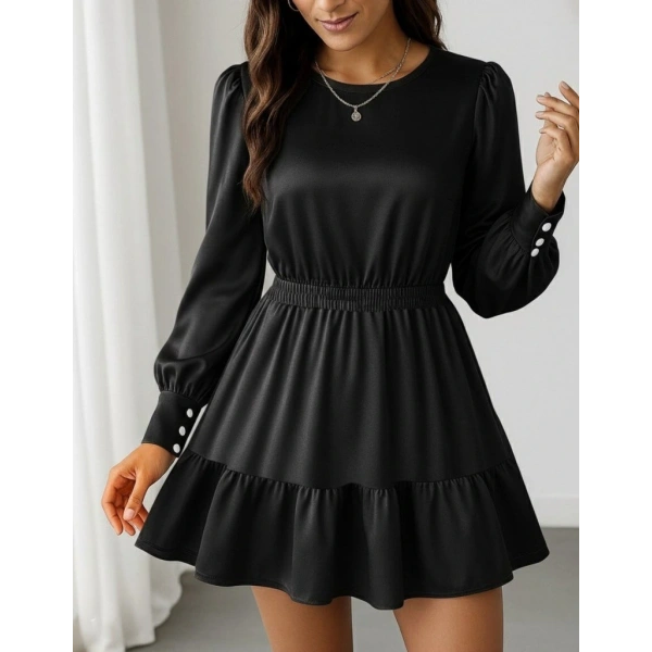 Kadın Uzun Kollu Bisiklet Yaka Beli Lastikli Fırfırlı Ithal Krep Elbise