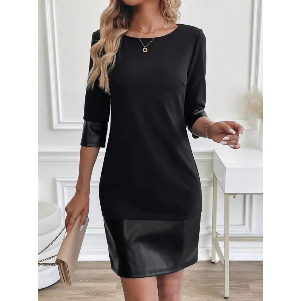 Kadın Uzun Kollu Bisiklet Yaka Deri Detaylı Ithal Krep Elbise