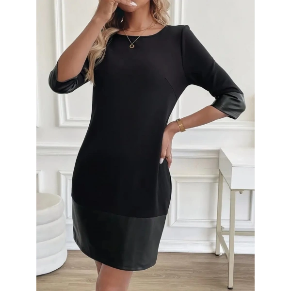 Kadın Uzun Kollu Bisiklet Yaka Deri Detaylı Ithal Krep Elbise