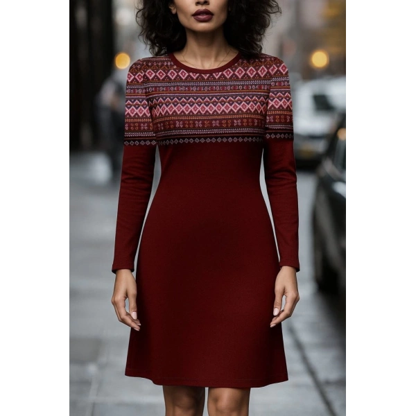 Kadın Uzun Kollu Bisiklet Yaka Etnik Desenli Kısa şardonlu Dalgıç Elbise