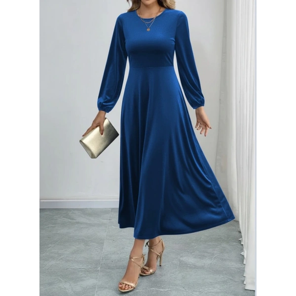 Kadın Uzun Kollu Bisiklet Yaka Midi Kadife Mavi Elbise