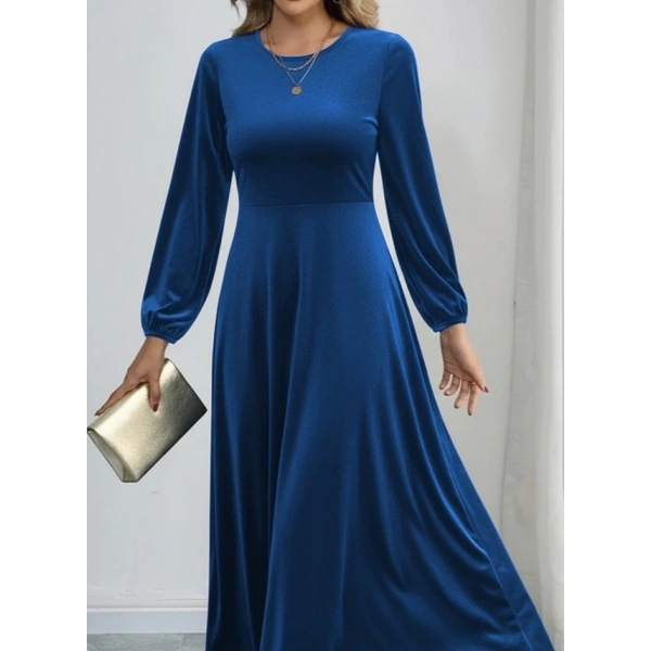 Kadın Uzun Kollu Bisiklet Yaka Midi Kadife Mavi Elbise