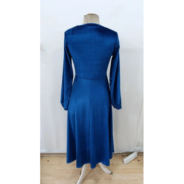 Kadın Uzun Kollu Bisiklet Yaka Midi Kadife Mavi Elbise